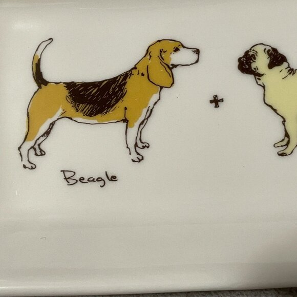 Fishs Eddy Sara Mills Puggle Beagle Pug 7" Rectangular Ceramic Tray Dog Lover - Picture 2 of 6